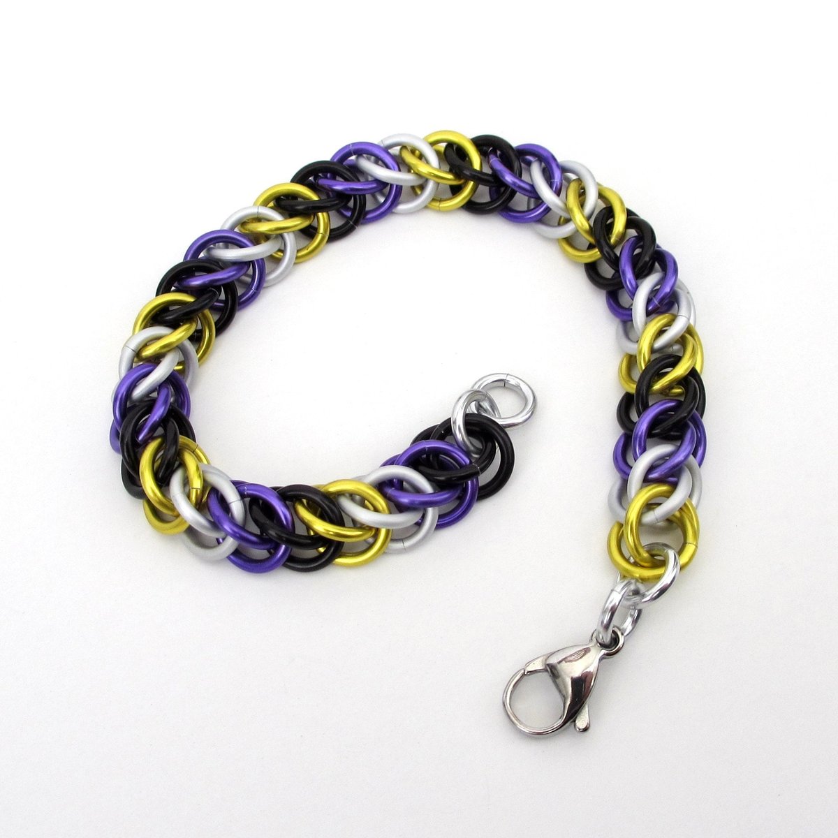 Nonbinary pride chainmail bracelet, half Persian 3 in 1, yellow white purple black