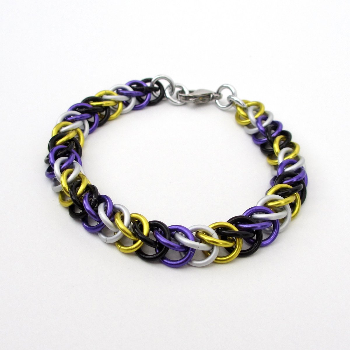 Nonbinary pride chainmail bracelet, half Persian 3 in 1, yellow white purple black