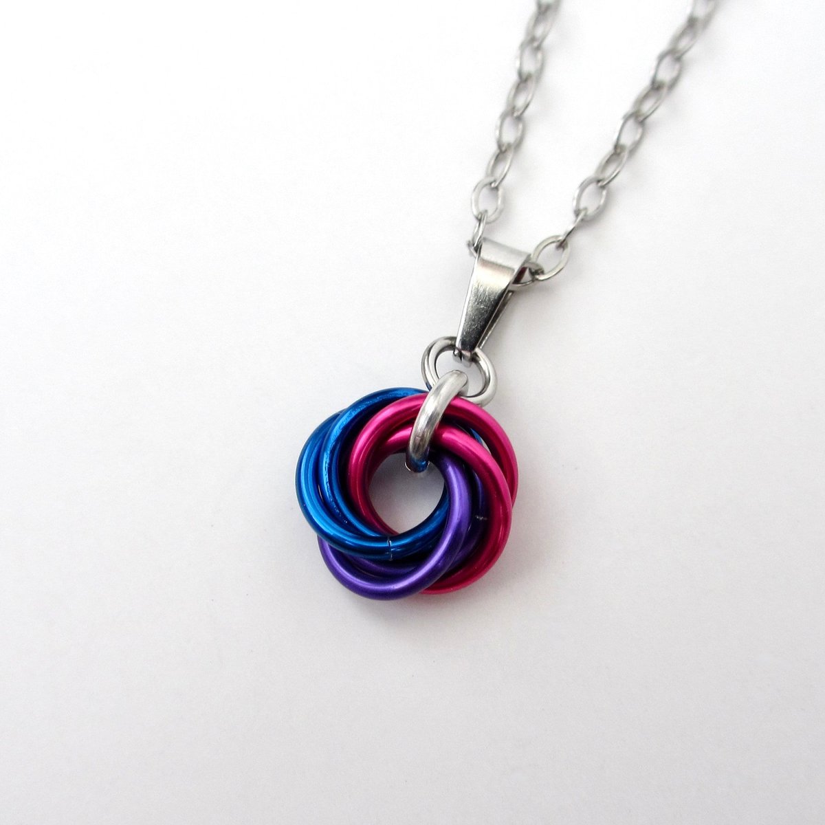 Tiny bisexual pride pendant, chainmail love knot, bi pride jewelry