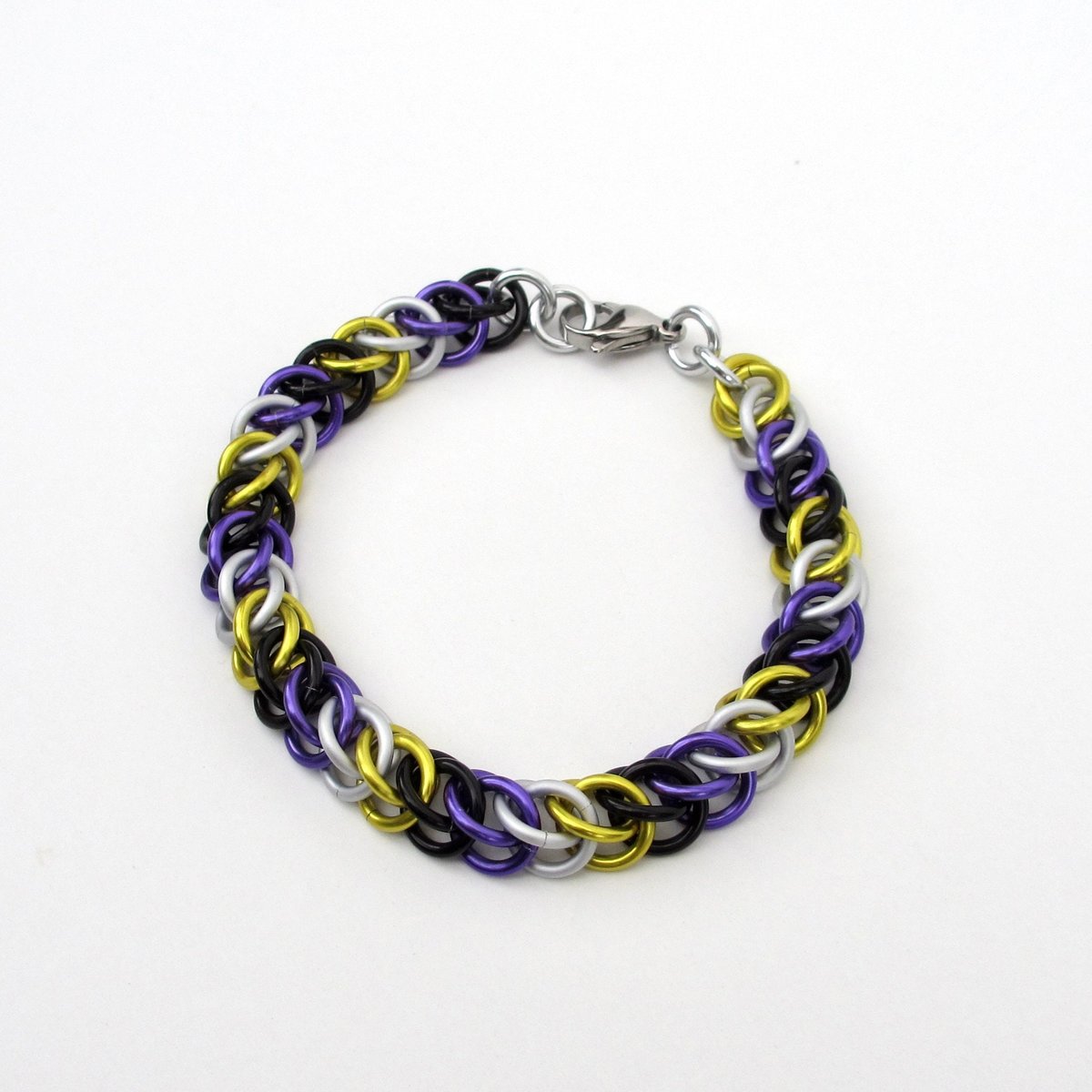 Nonbinary pride chainmail bracelet, half Persian 3 in 1, yellow white purple black