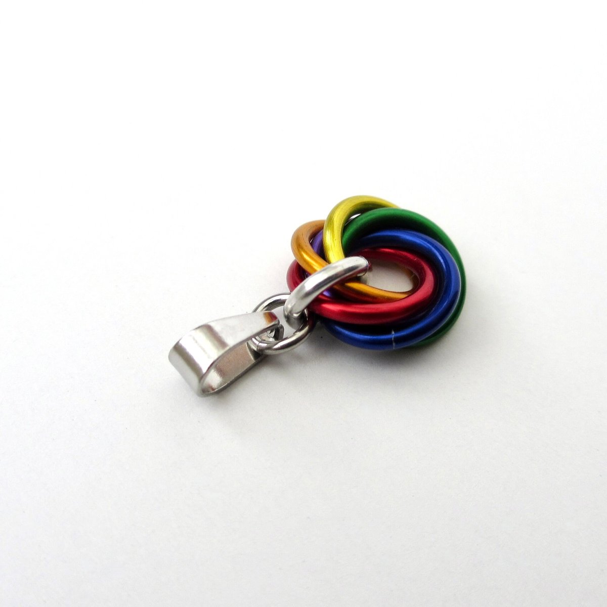 Tiny gay pride pendant, rainbow chainmail love knot, minimalist LGBTQ jewelry