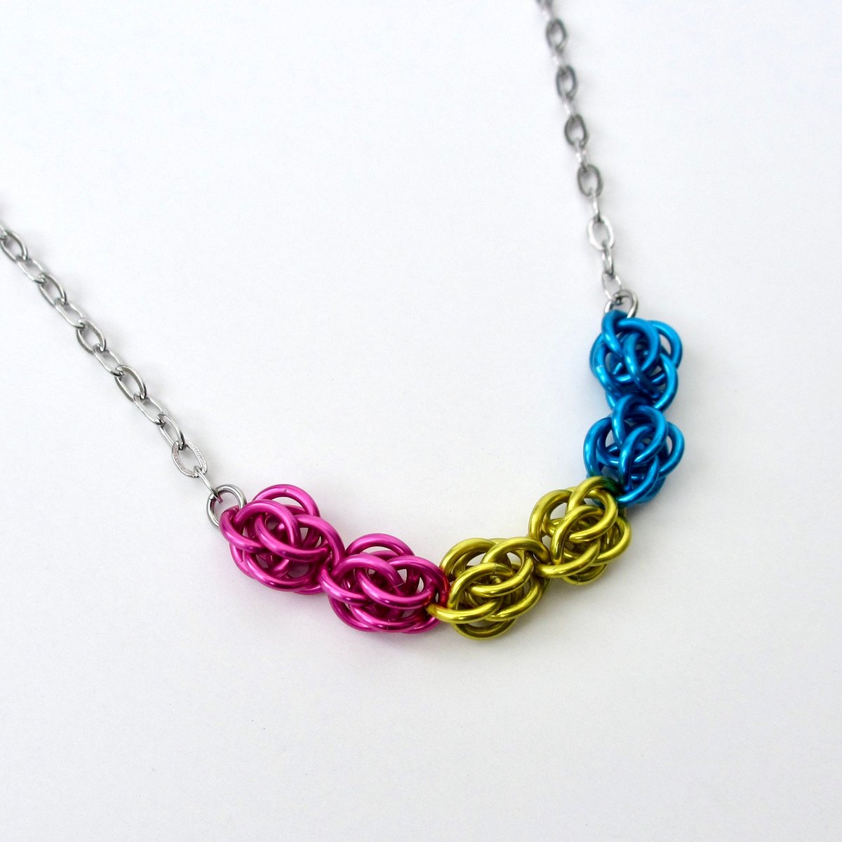 Pan pride necklace, chainmail Sweetpea weave pansexual jewelry