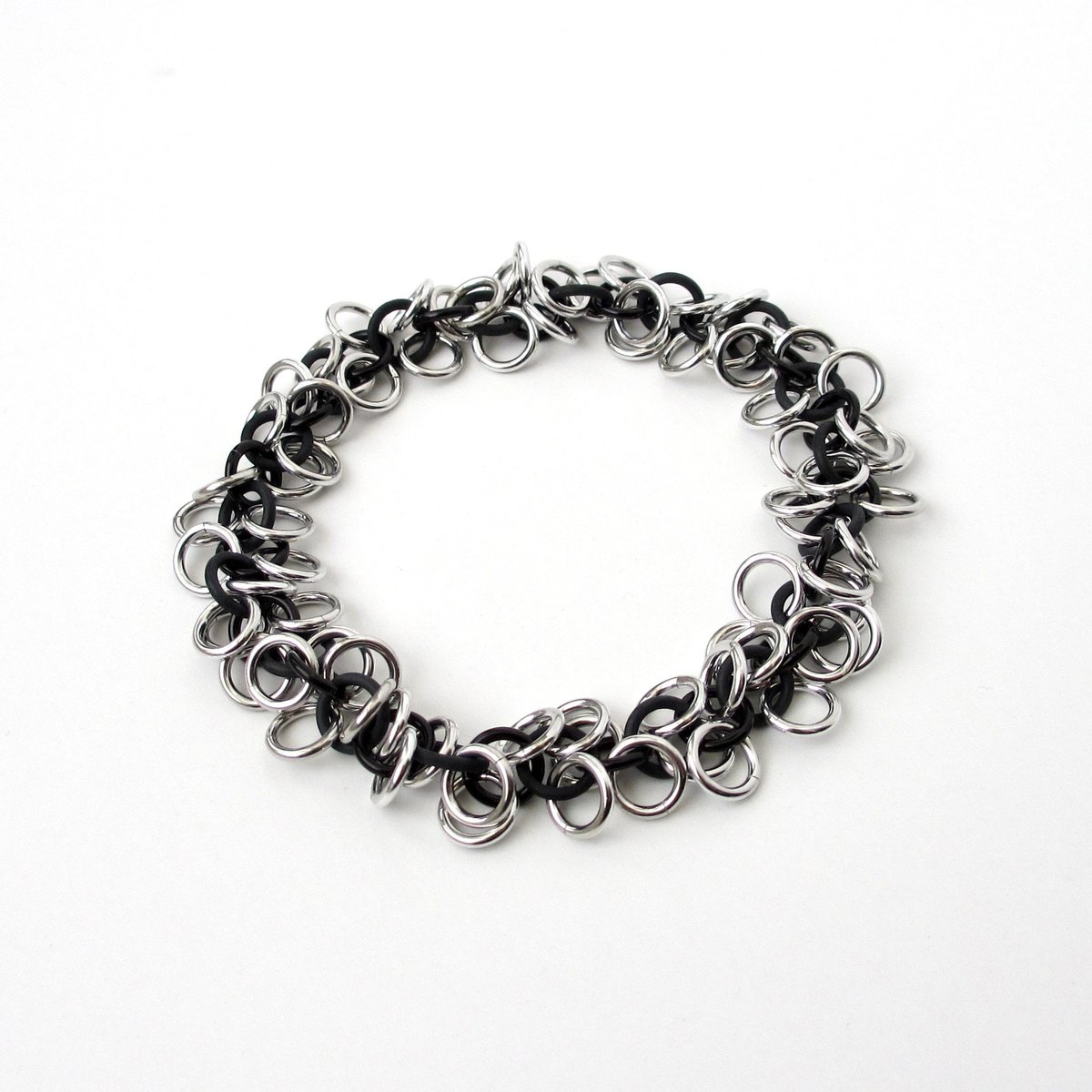 Black and silver aluminum stretch bracelet, chainmail shaggy loops weave, fidget jewelry