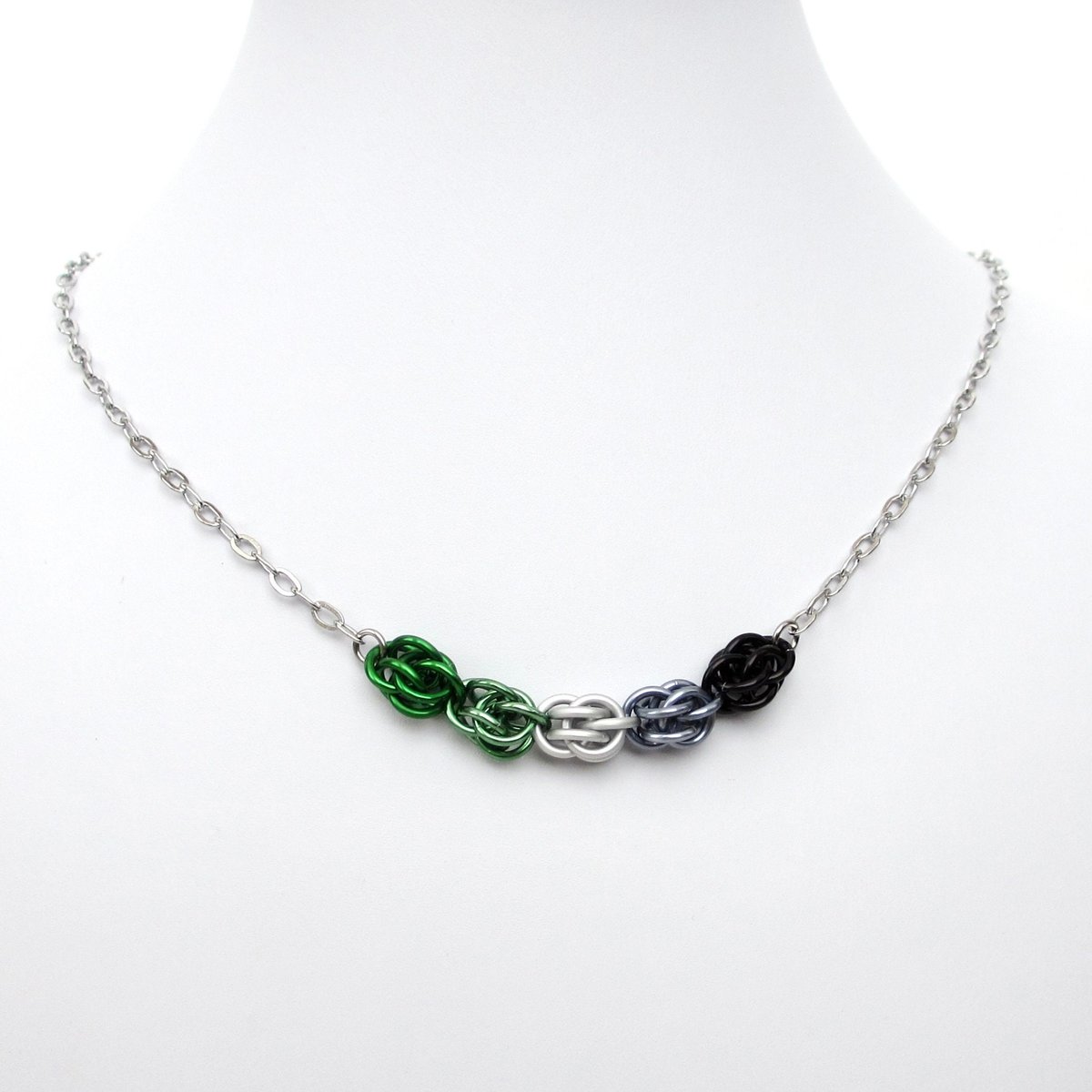 Aromantic pride necklace, chainmail jewelry, Sweetpea weave - green, white, gray, black