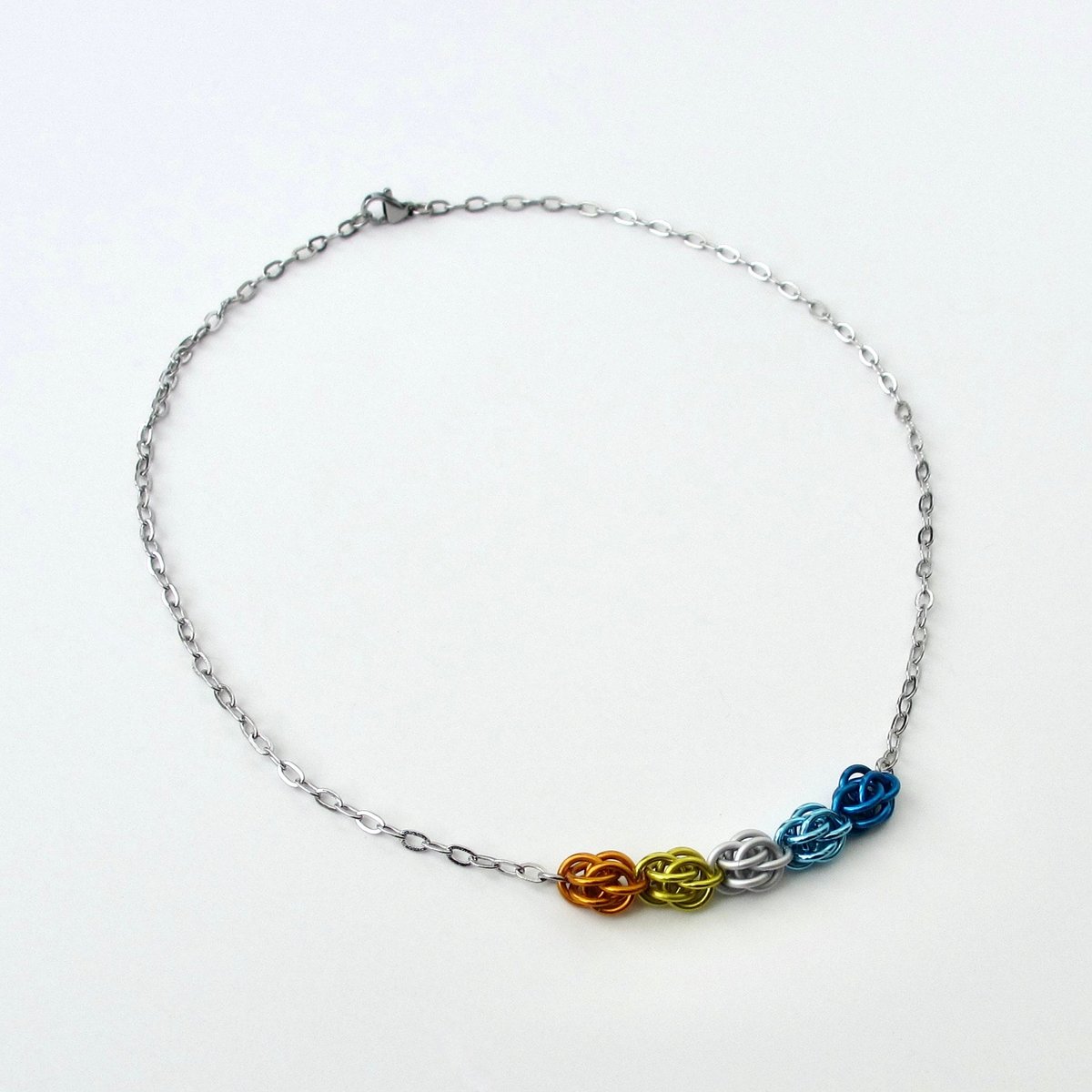 Aroace pride necklace, chainmail jewelry, Sweetpea weave - orange, yellow, white, light blue, blue