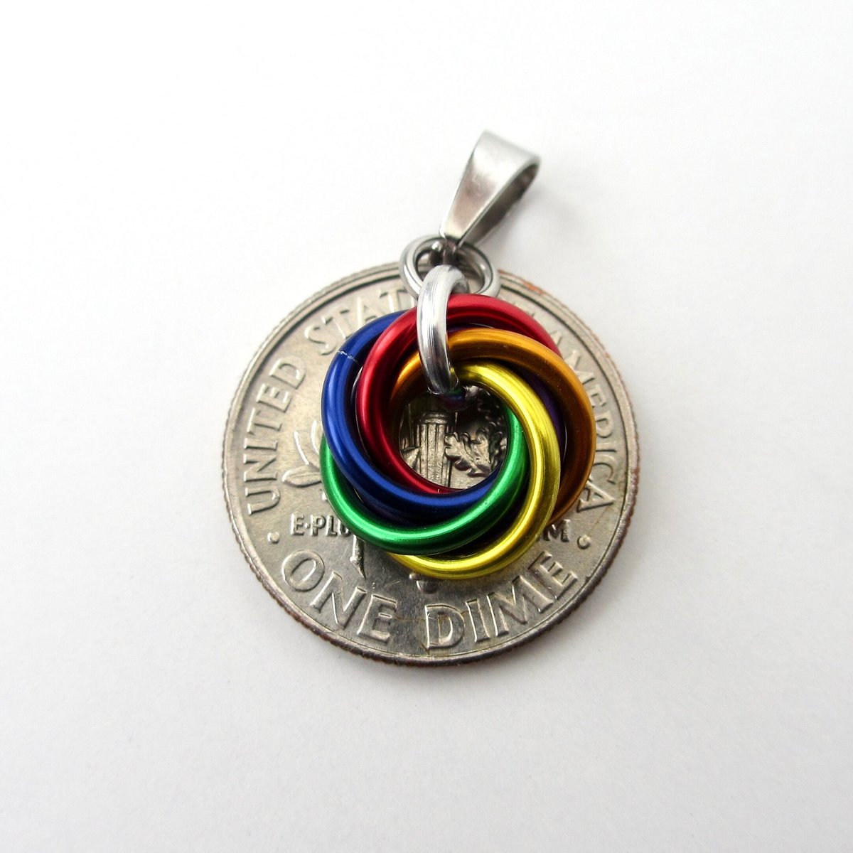 Tiny gay pride pendant, rainbow chainmail love knot, minimalist LGBTQ jewelry