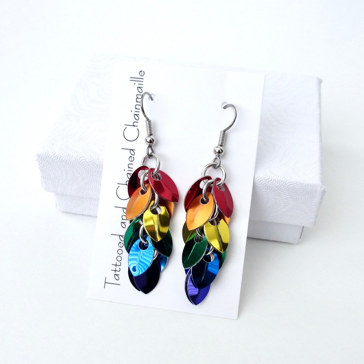 Gay pride earrings, rainbow chainmail shaggy scales LGBTQ jewelry