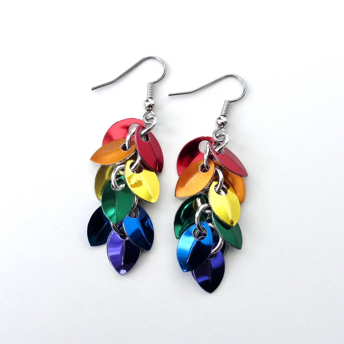 Gay pride earrings, rainbow chainmail shaggy scales LGBTQ jewelry