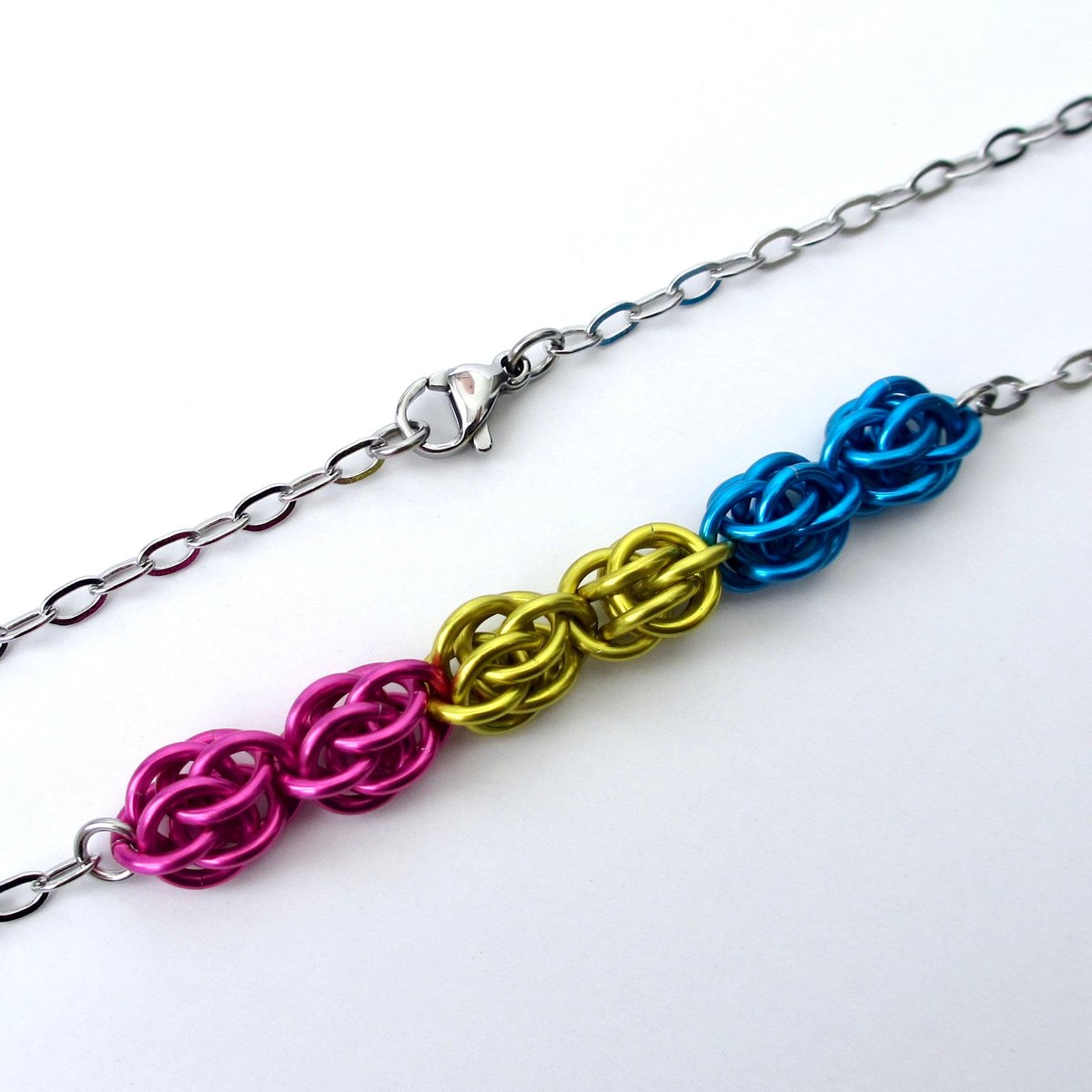 Pan pride necklace, chainmail Sweetpea weave pansexual jewelry