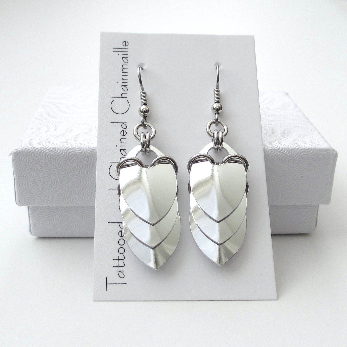 Silver aluminum chainmail scales earrings, shiny mirror finish, everyday wear lightweight non-tarnish jewelry