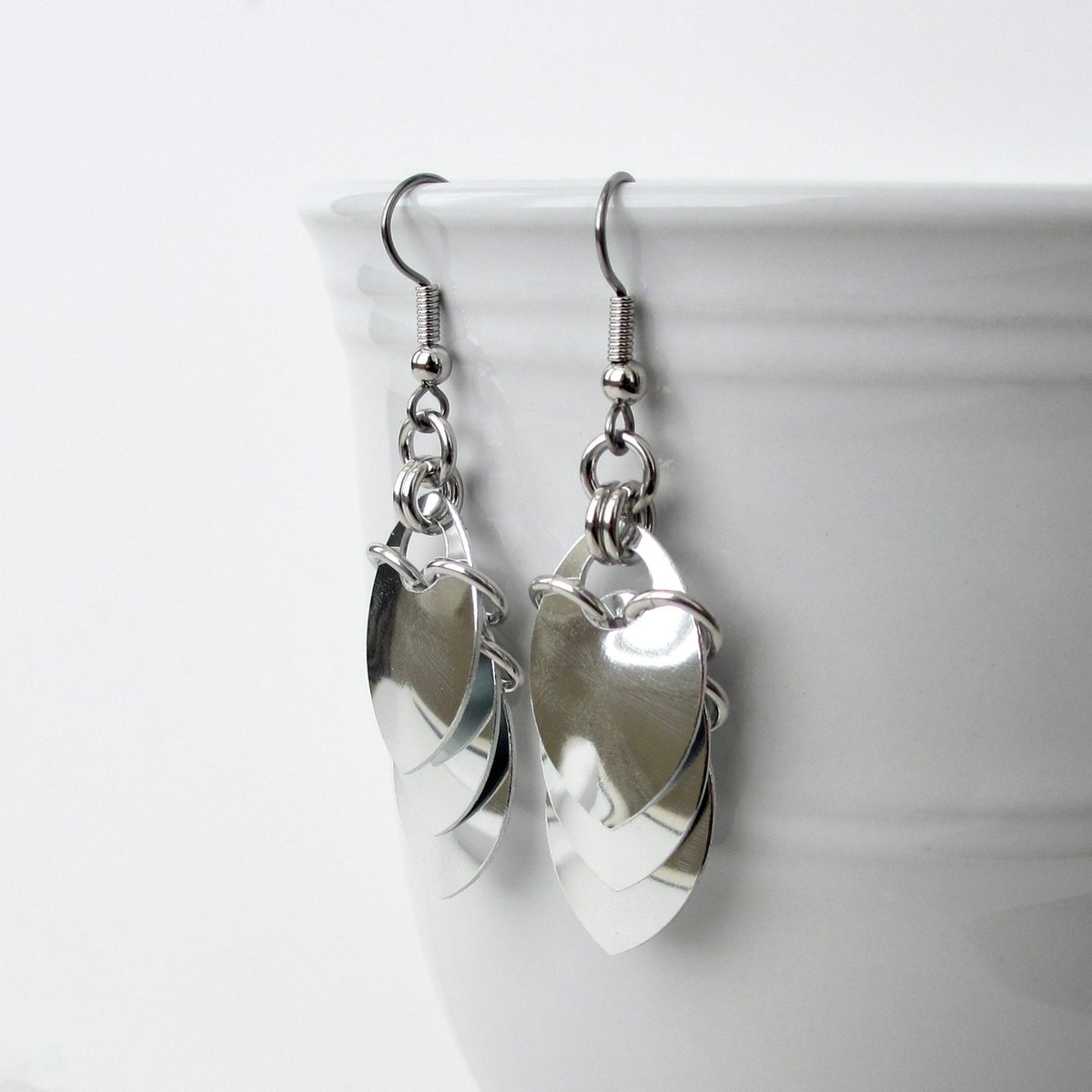 Silver aluminum chainmail scales earrings, shiny mirror finish, everyday wear lightweight non-tarnish jewelry