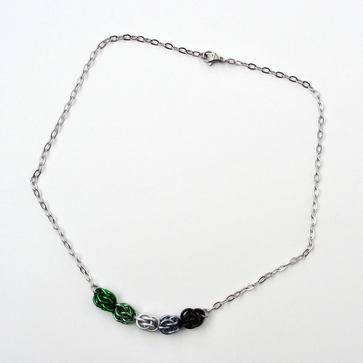 Aromantic pride necklace, chainmail jewelry, Sweetpea weave - green, white, gray, black