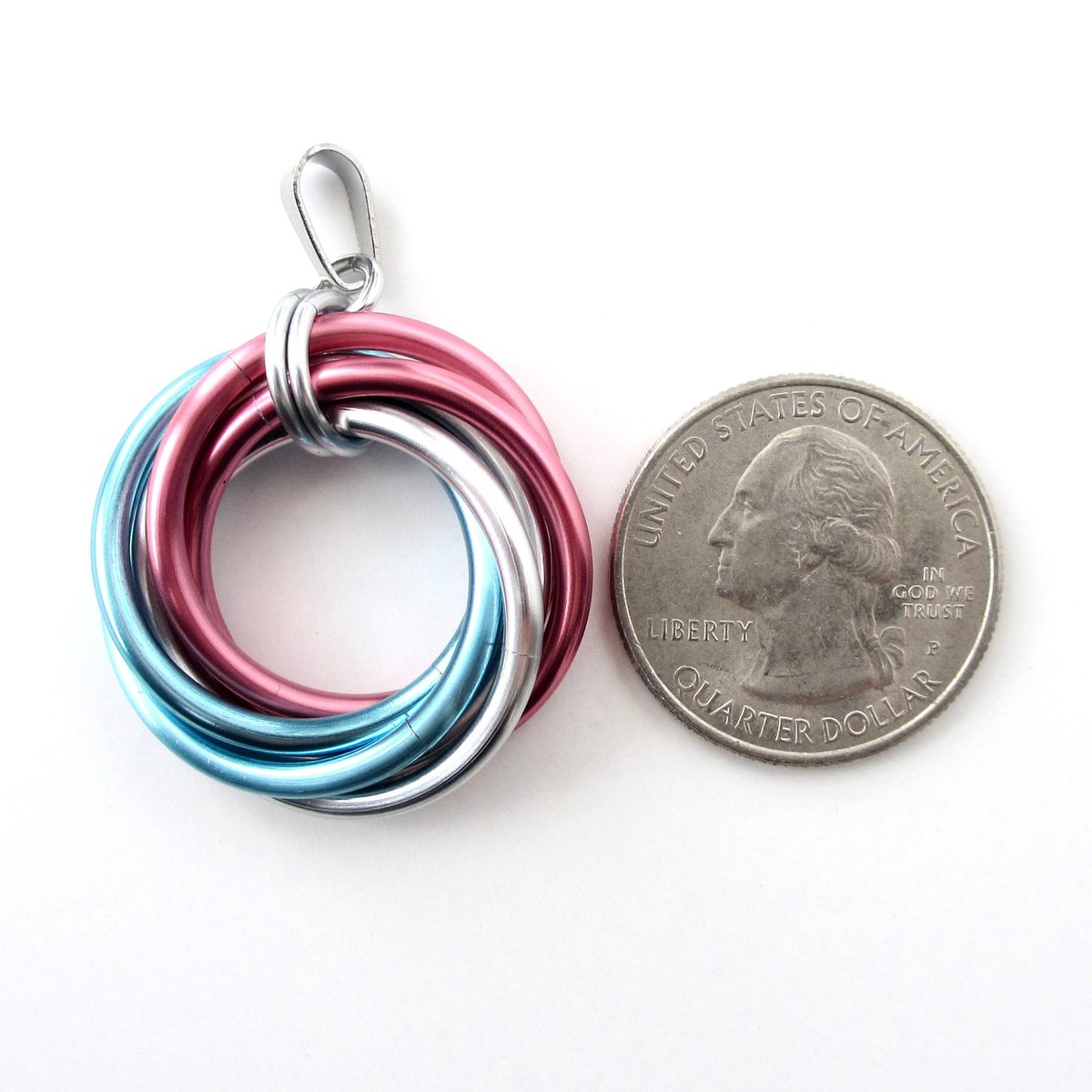 Large transgender pride pendant, chainmail love knot, trans pride jewelry, pink white blue