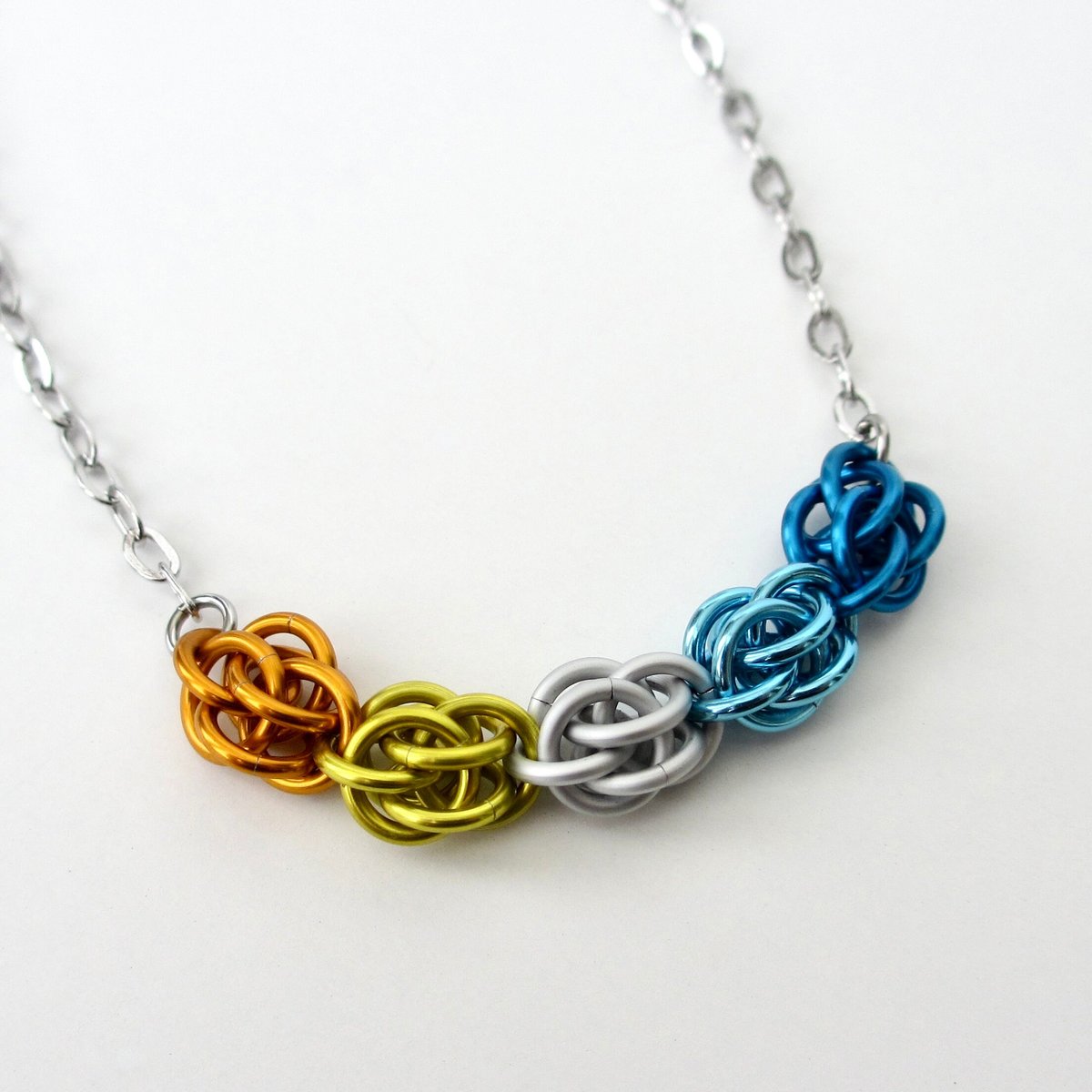 Aroace pride necklace, chainmail jewelry, Sweetpea weave - orange, yellow, white, light blue, blue