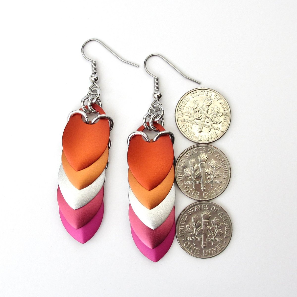 Lesbian pride earrings, 5 color sunset flag, LGBTQ chainmail scales jewelry