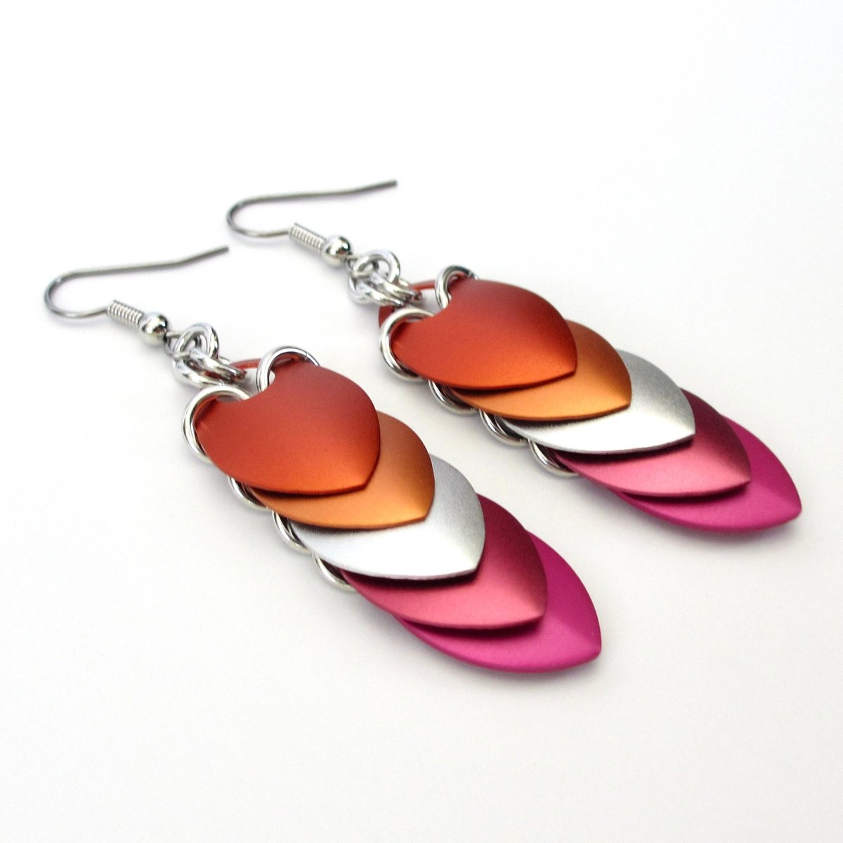 Lesbian pride earrings, 5 color sunset flag, LGBTQ chainmail scales jewelry