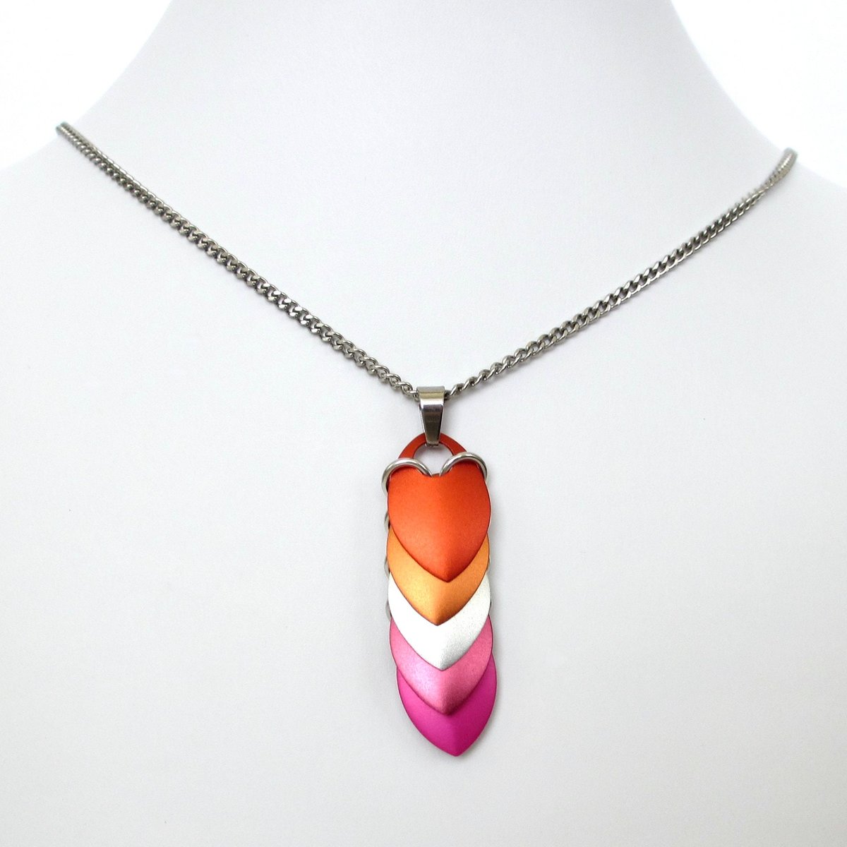 Lesbian pride pendant, 5 color sunset flag chainmail scales necklace, LGBTQ scalemail jewelry