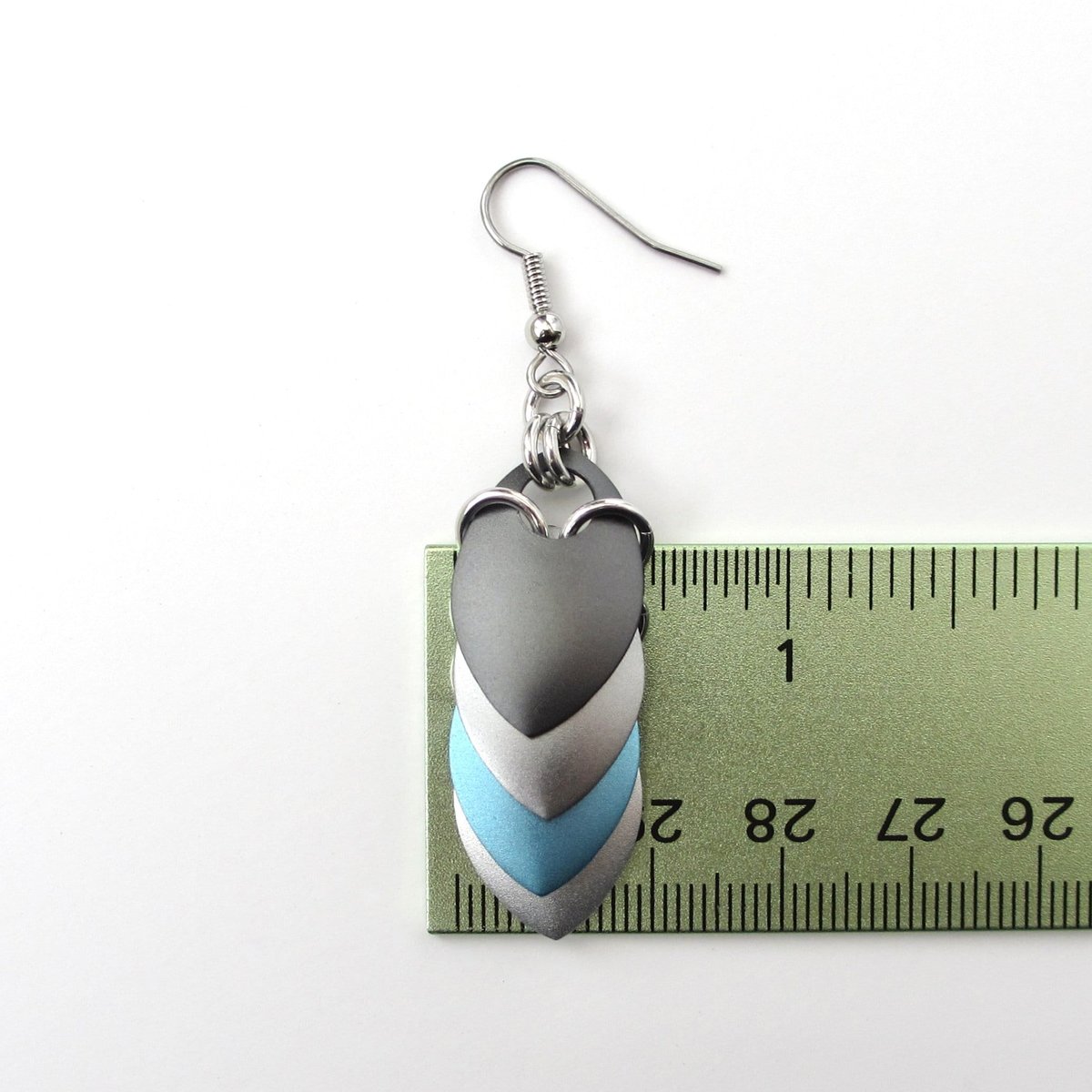 Demiboy pride earrings, anodized aluminum chainmail scales jewelry - gray, light blue, white