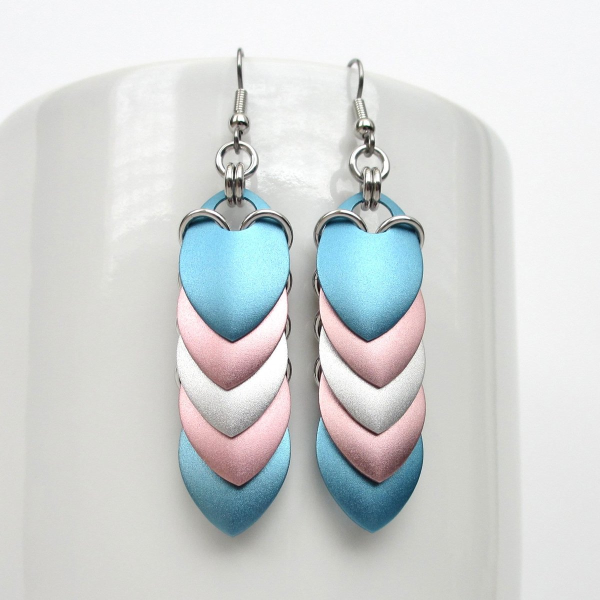 Transgender earrings, 5 stripe trans pride flag, LGBTQ chainmail scales jewelry