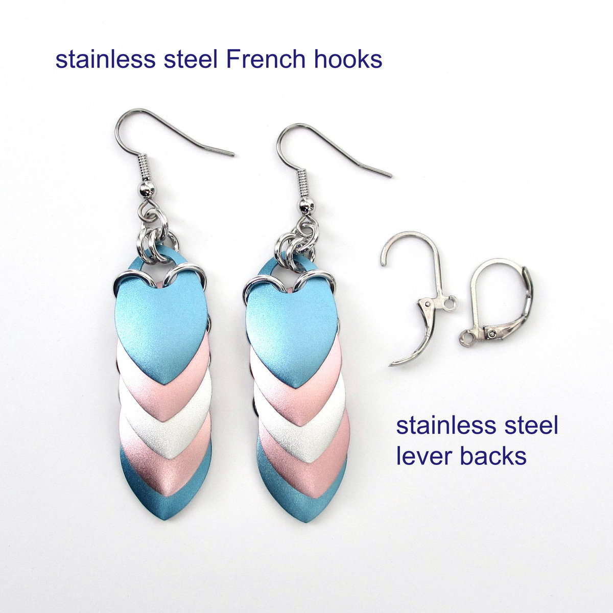 Transgender earrings, 5 stripe trans pride flag, LGBTQ chainmail scales jewelry