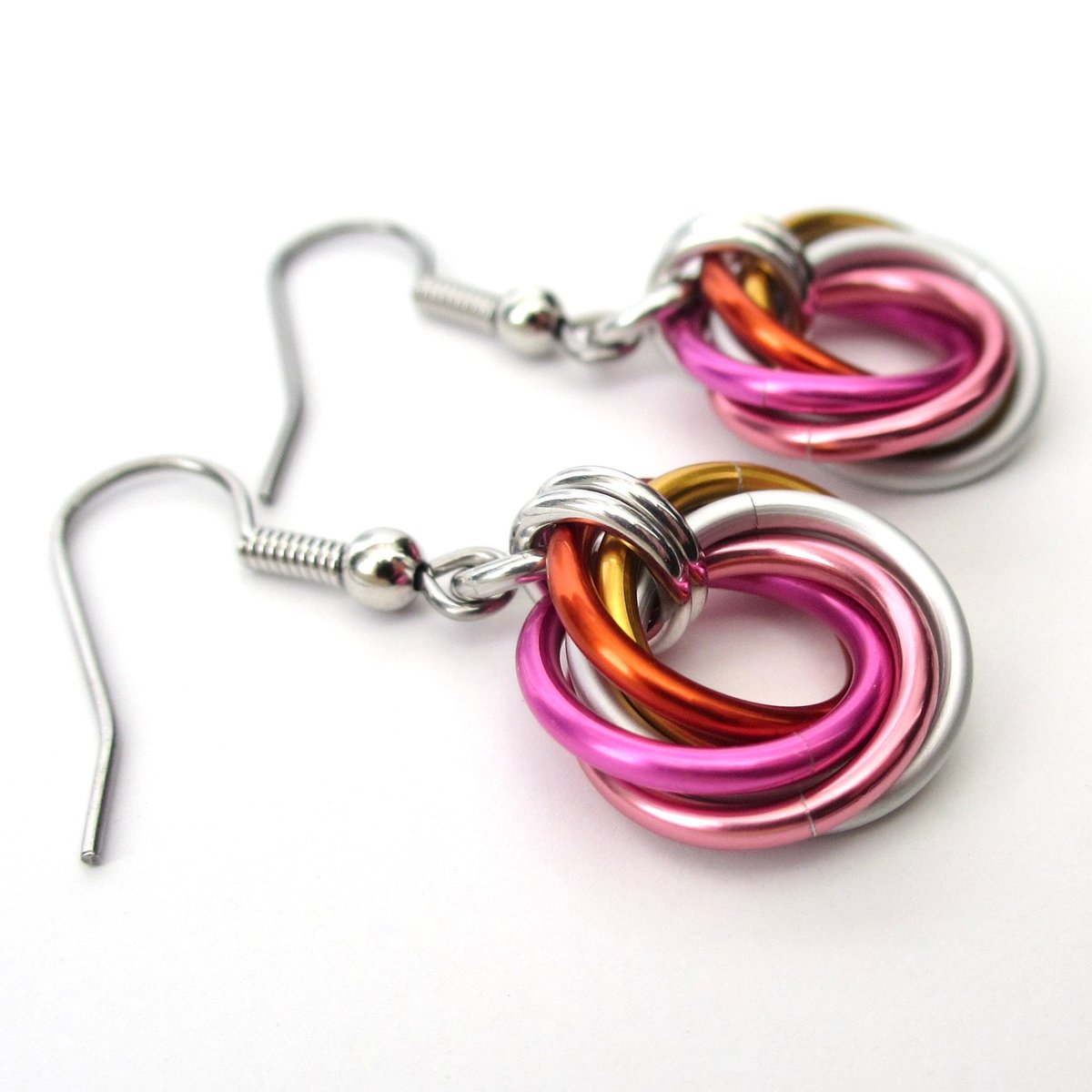 Lesbian earrings, LGBTQ pride chainmail love knot jewelry, 5 color sunset flag gifts