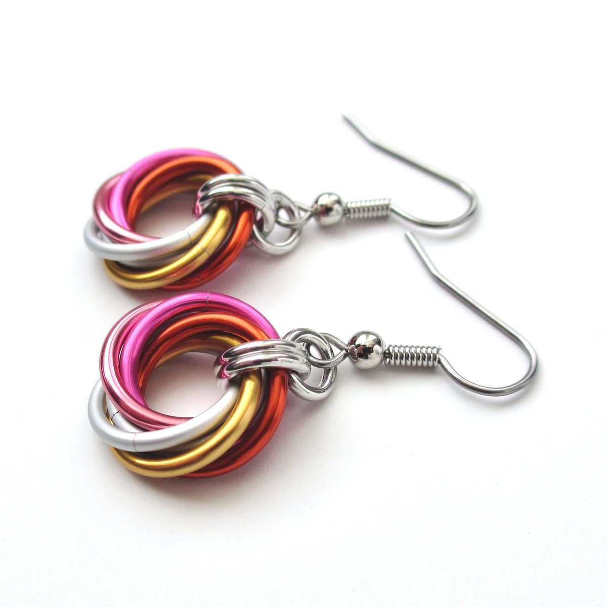 Lesbian earrings, LGBTQ pride chainmail love knot jewelry, 5 color sunset flag gifts