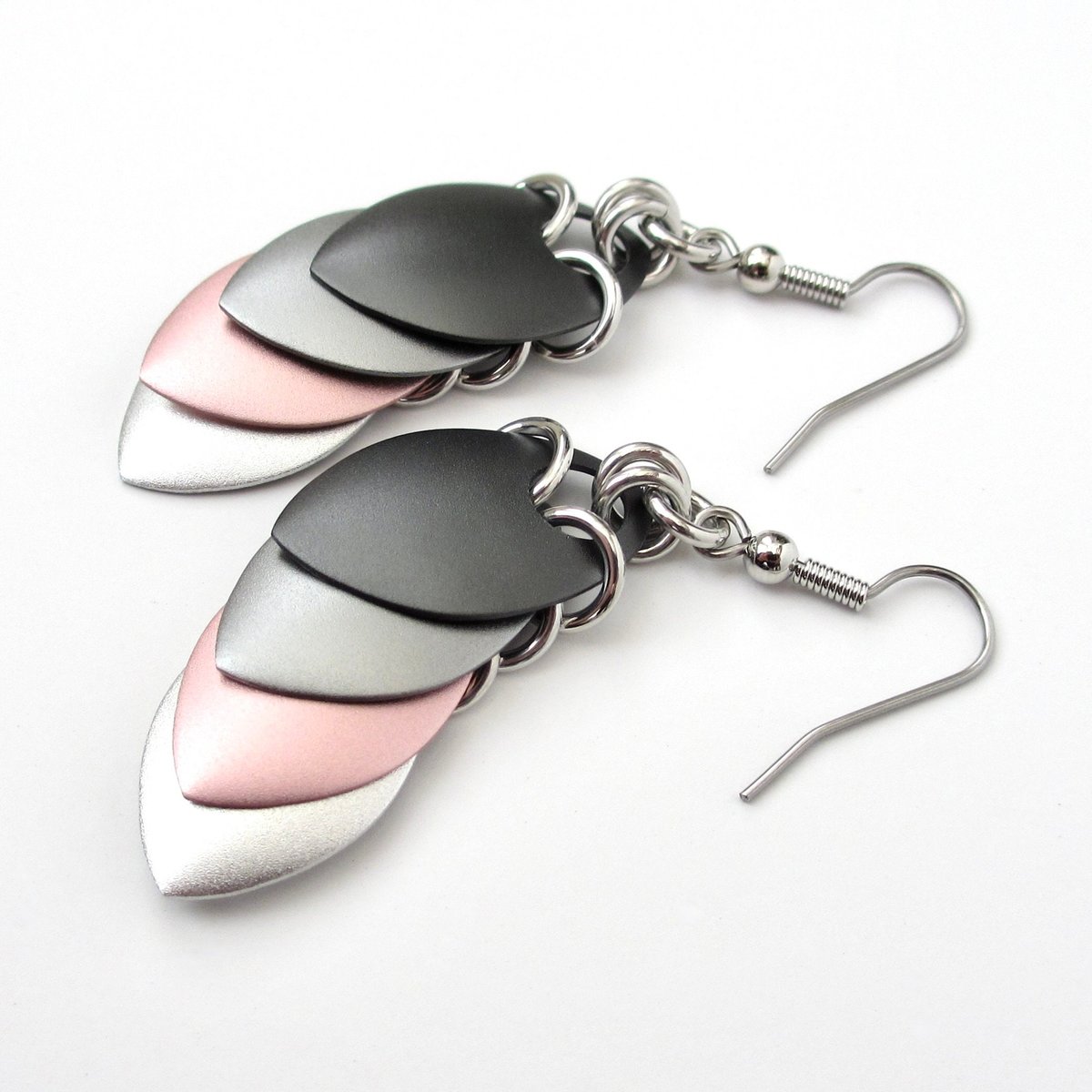 Demigirl pride earrings, lightweight anodized aluminum chainmail scales jewelry - gray, pink, white