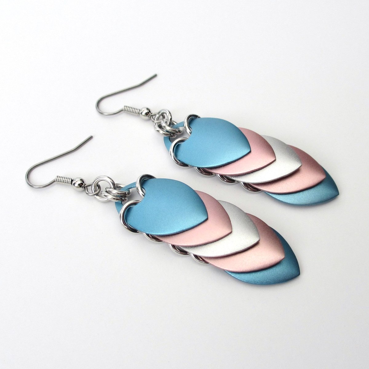 Transgender earrings, 5 stripe trans pride flag, LGBTQ chainmail scales jewelry