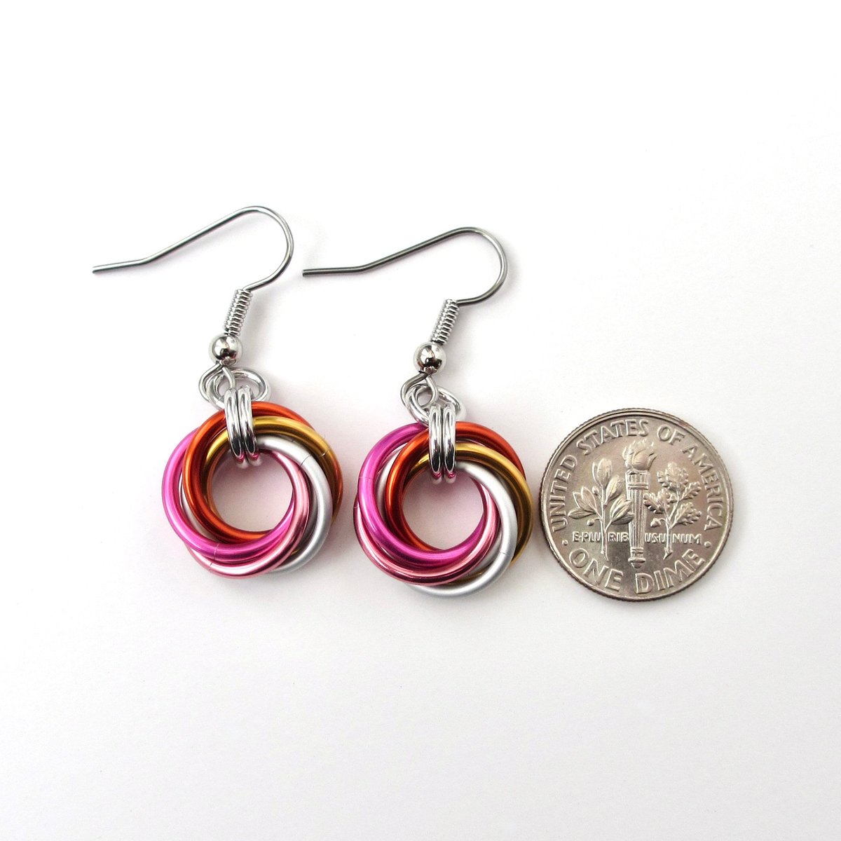 Lesbian earrings, LGBTQ pride chainmail love knot jewelry, 5 color sunset flag gifts