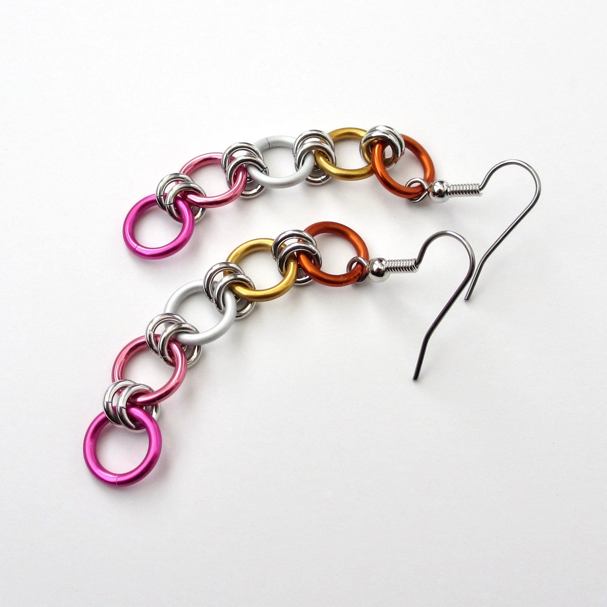 Lesbian flag earrings, simple LGBTQ chainmail jewelry, Pride Month gifts