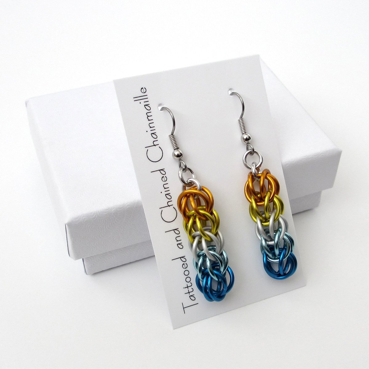 Aroace pride earrings, chainmail full Persian weave, lightweight anodized aluminum LGBTQIA jewelry