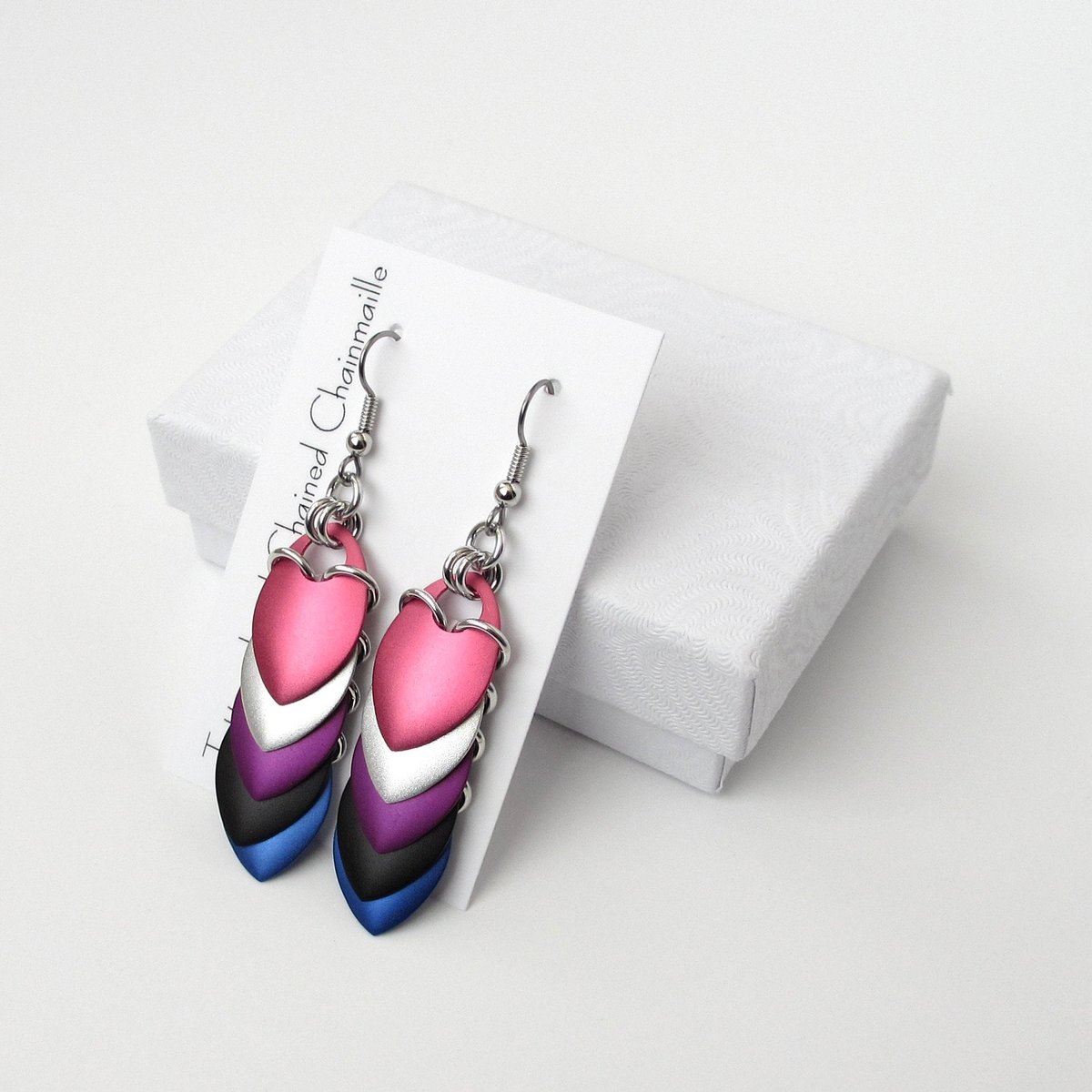 Genderfluid pride flag earrings, chainmail dragon scale jewelry