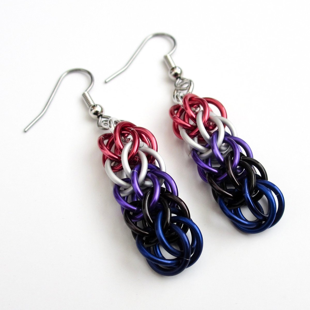 Genderfluid pride earrings, chainmail full Persian weave, lightweight anodized aluminum jewelry