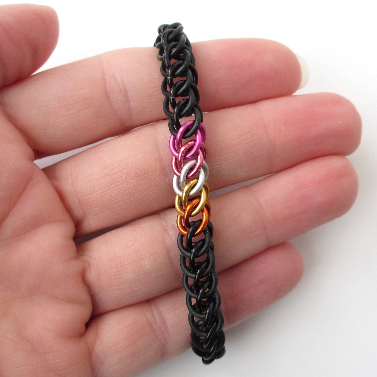 Lesbian pride stretchy chainmail bracelet, half Persian 3 in 1 weave, discreet LGBTQ gifts