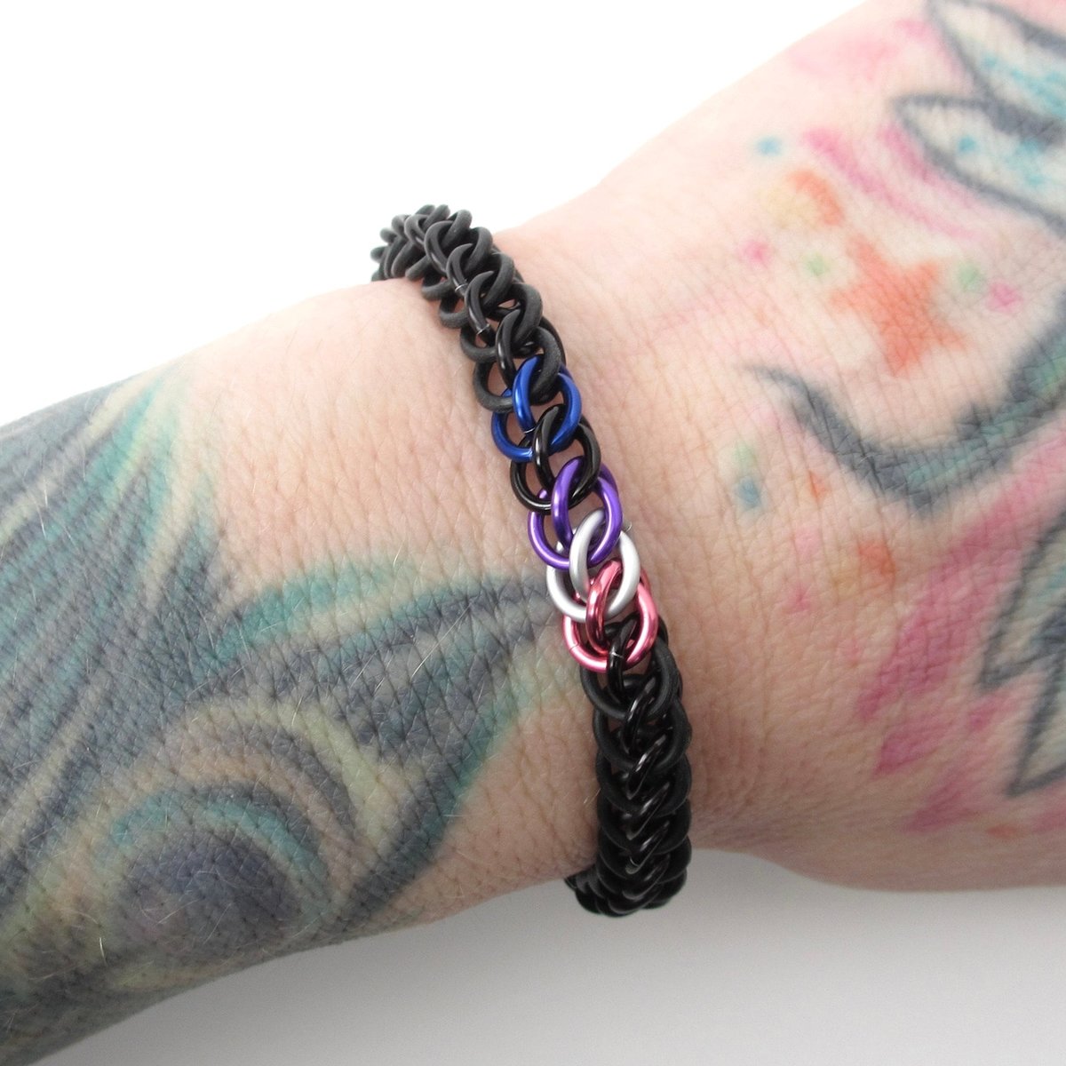 Genderfluid pride stretchy bracelet, chainmail half Persian 3 in 1 weave, discreet LGBTQIA gifts