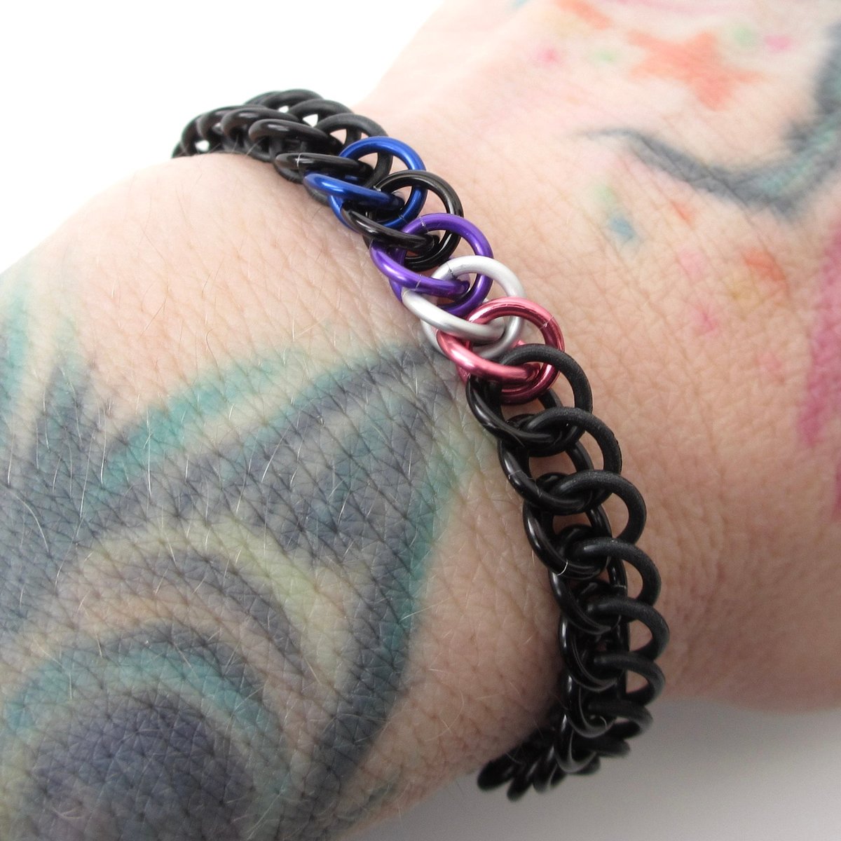 Genderfluid pride stretchy bracelet, chainmail half Persian 3 in 1 weave, discreet LGBTQIA gifts