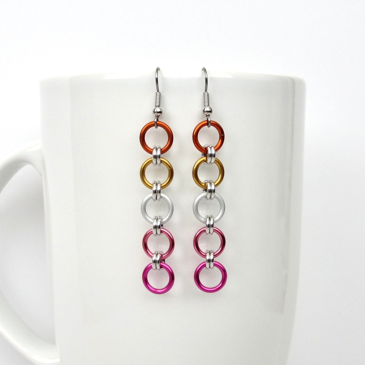 Lesbian flag earrings, simple LGBTQ chainmail jewelry, Pride Month gifts