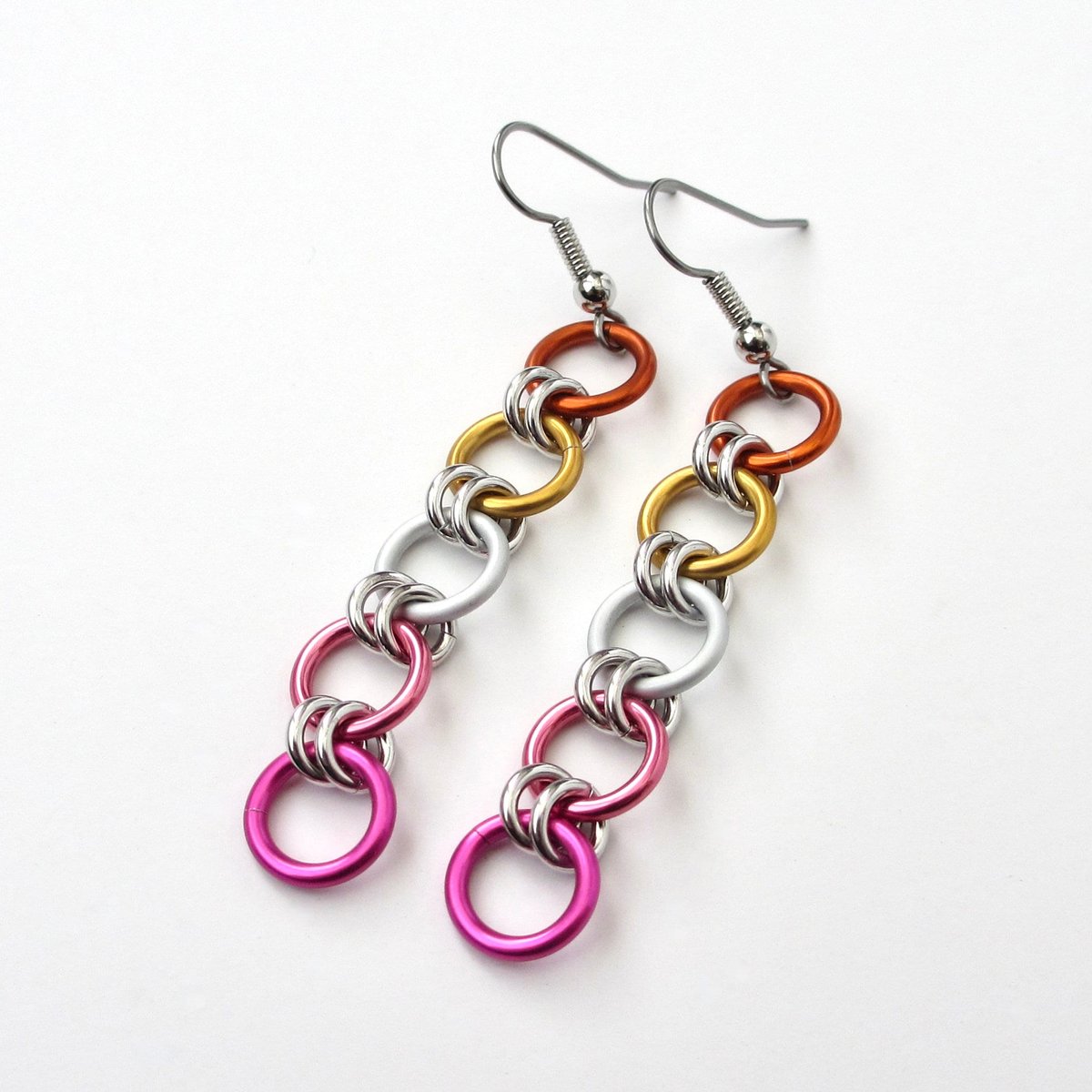 Lesbian flag earrings, simple LGBTQ chainmail jewelry, Pride Month gifts