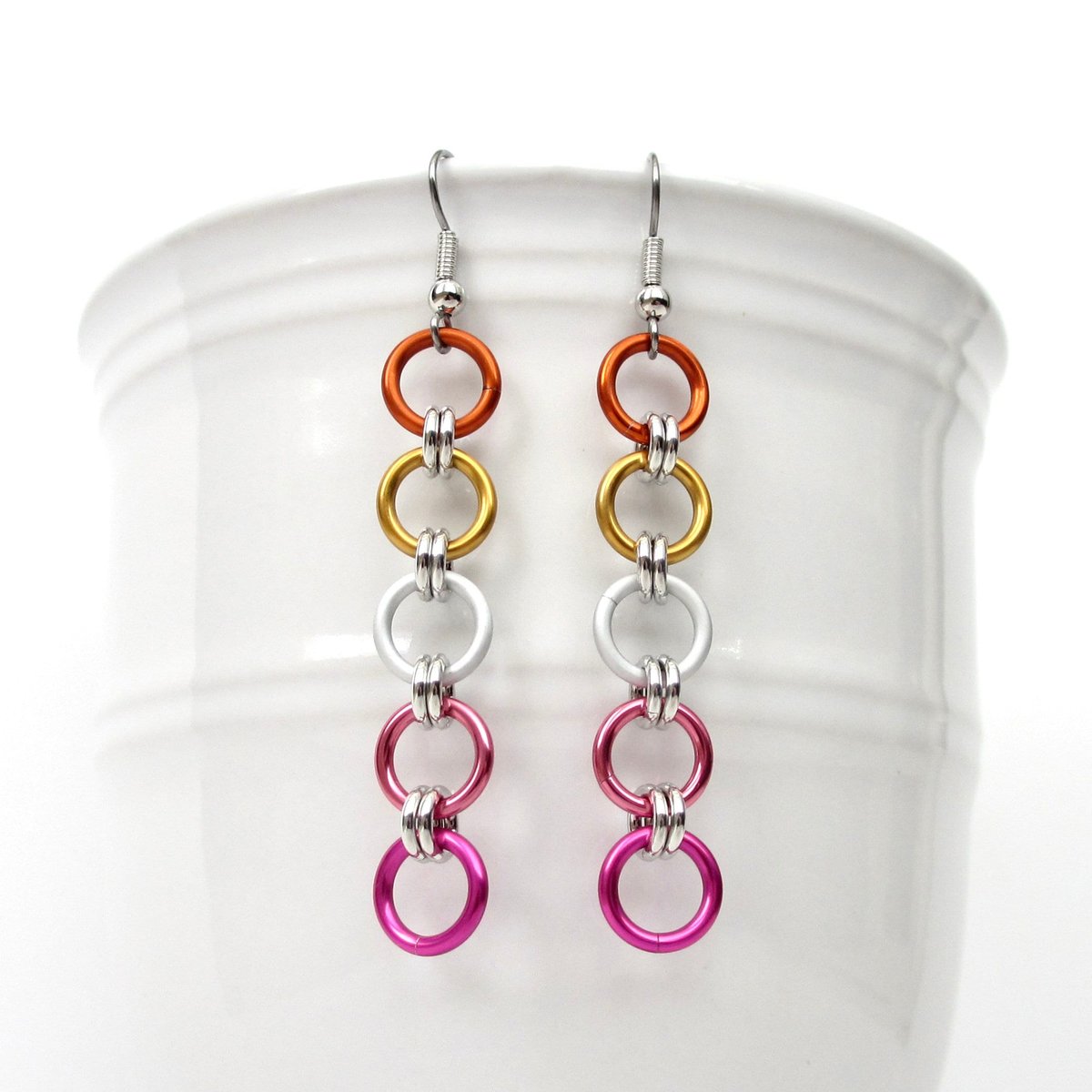 Lesbian flag earrings, simple LGBTQ chainmail jewelry, Pride Month gifts