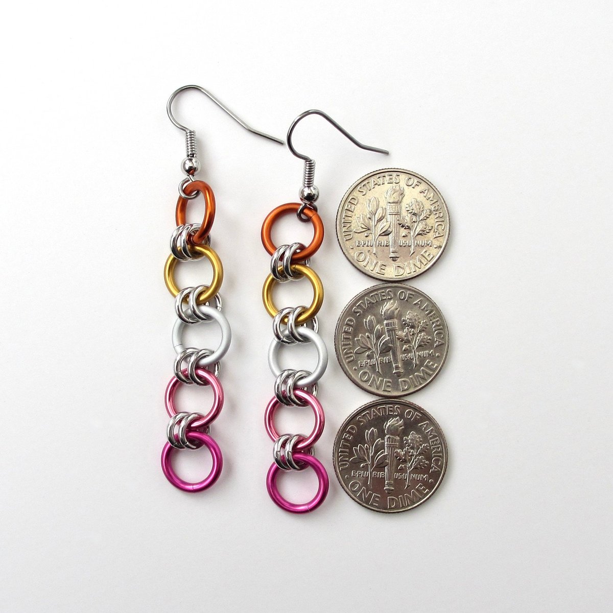 Lesbian flag earrings, simple LGBTQ chainmail jewelry, Pride Month gifts