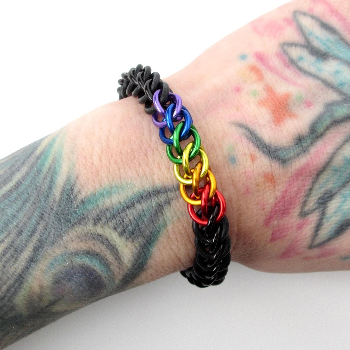 Gay pride stretchy bracelet, chainmail half Persian 3 in 1 weave, discreet rainbow flag LGBTQIA gifts