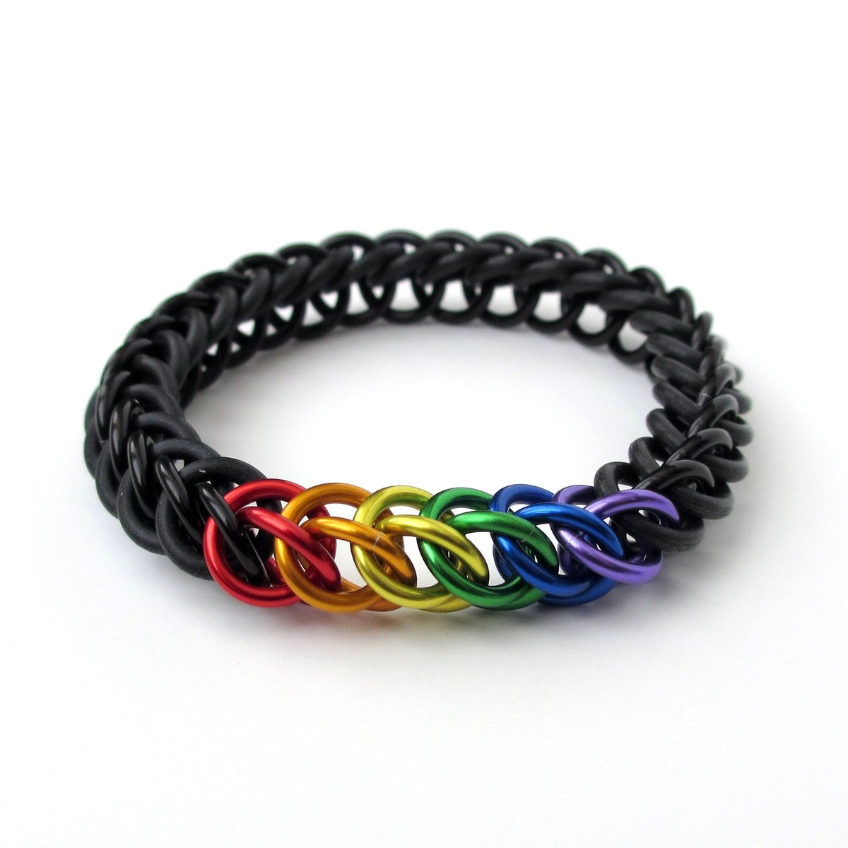 Gay pride stretchy bracelet, chainmail half Persian 3 in 1 weave, discreet rainbow flag LGBTQIA gifts