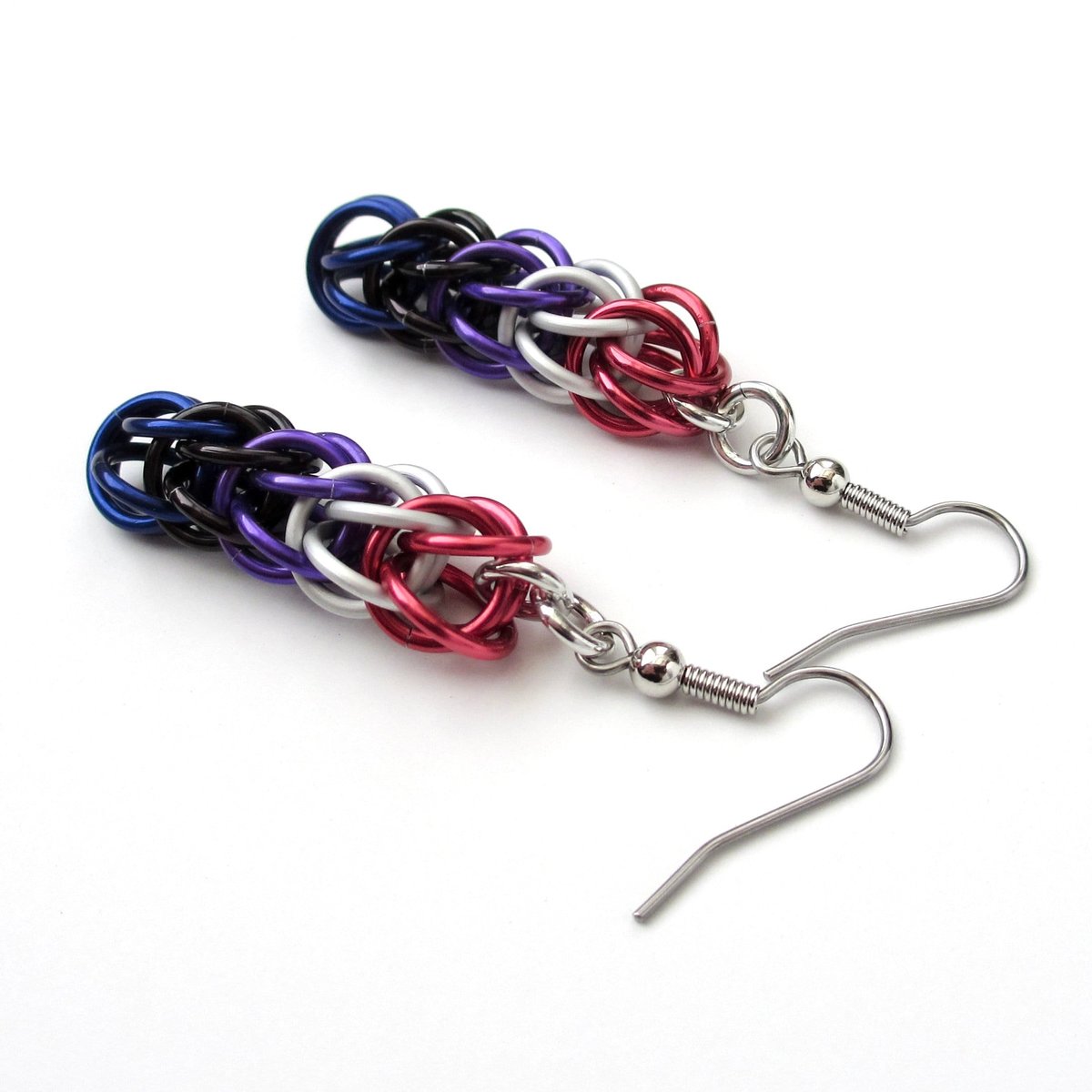 Genderfluid pride earrings, chainmail full Persian weave, lightweight anodized aluminum jewelry