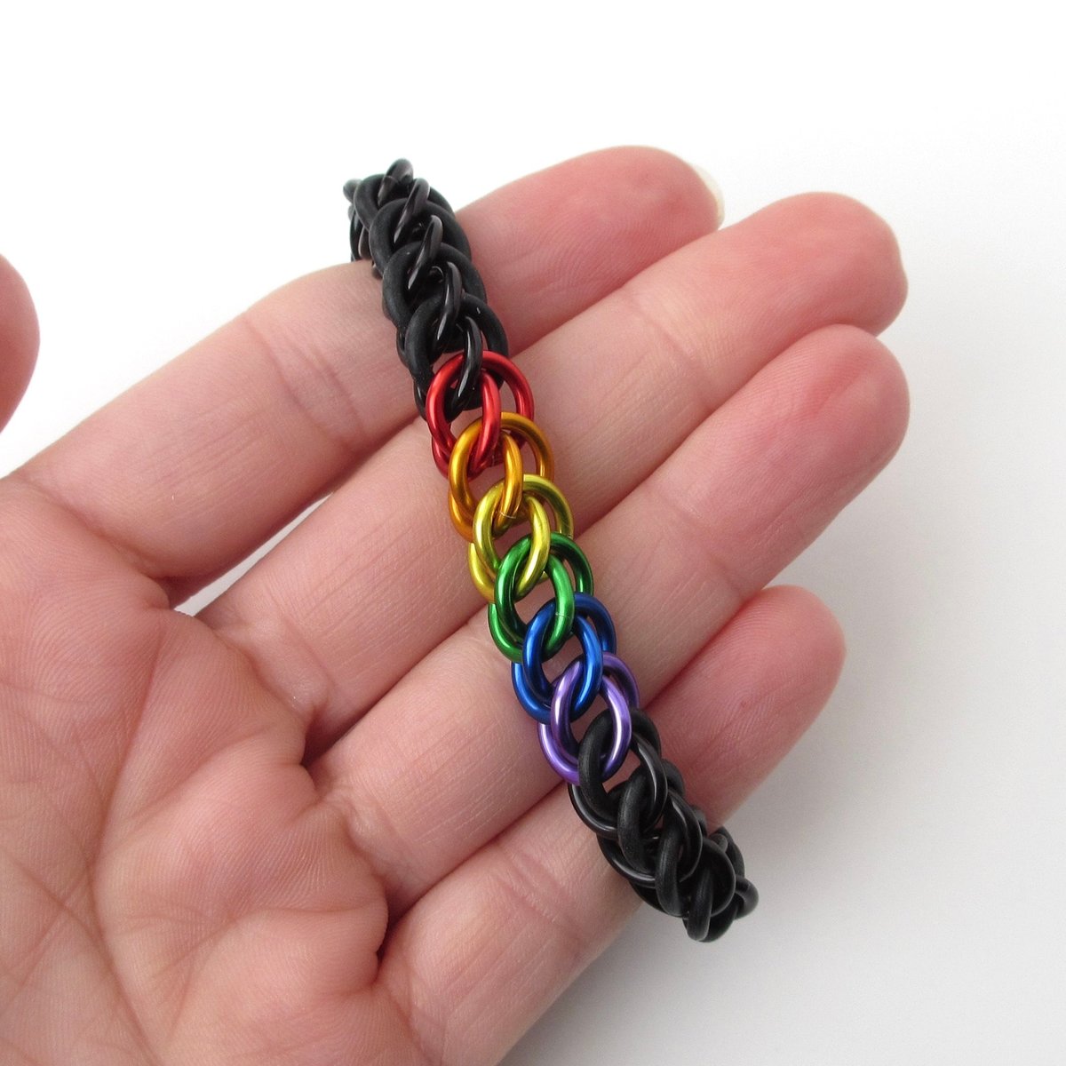 Gay pride stretchy bracelet, chainmail half Persian 3 in 1 weave, discreet rainbow flag LGBTQIA gifts