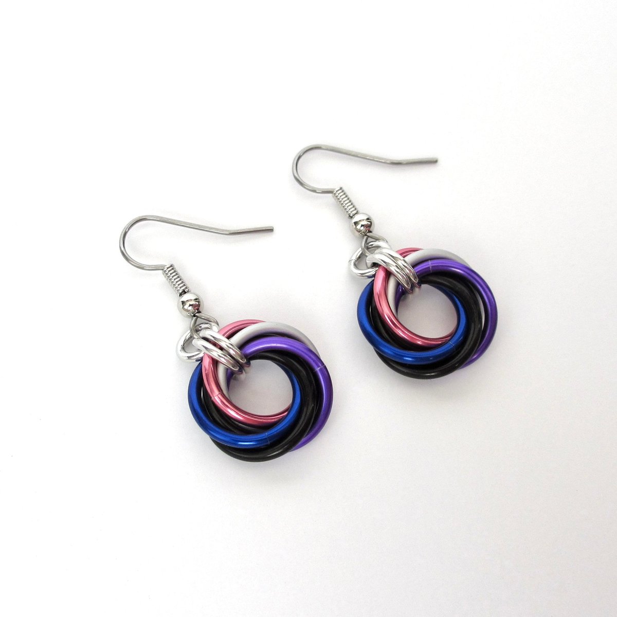 Genderfluid pride earrings, love knot chainmail jewelry; pink, white, purple, black, blue