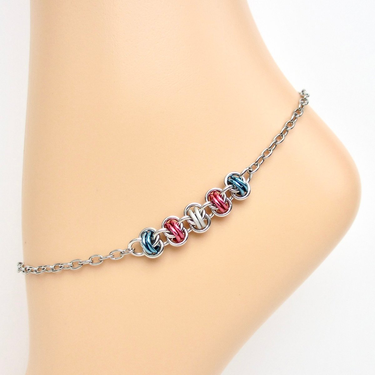 Transgender pride anklet, chainmail barrel weave, subtle trans flag jewelry gifts, anodized aluminum and stainless steel