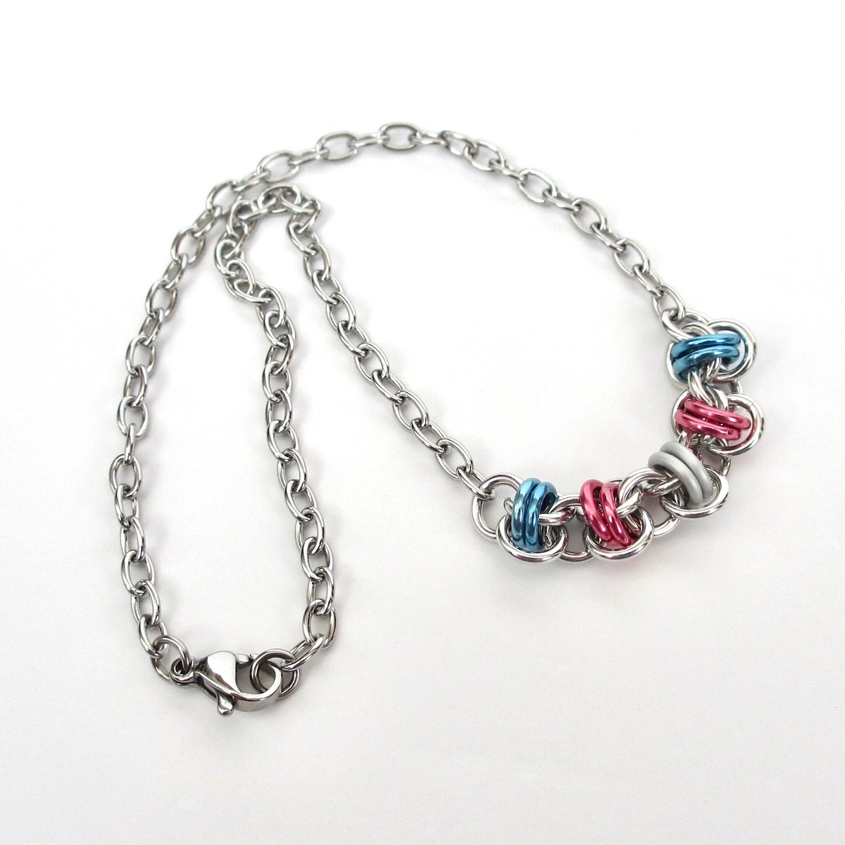 Transgender pride anklet, chainmail barrel weave, subtle trans flag jewelry gifts, anodized aluminum and stainless steel