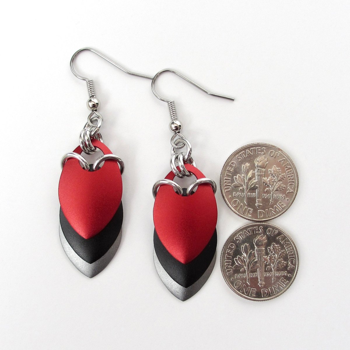 Red, black, and gray earrings, anodized aluminum chainmail dragon scales, team sport game day jewelry, team spirit accessories