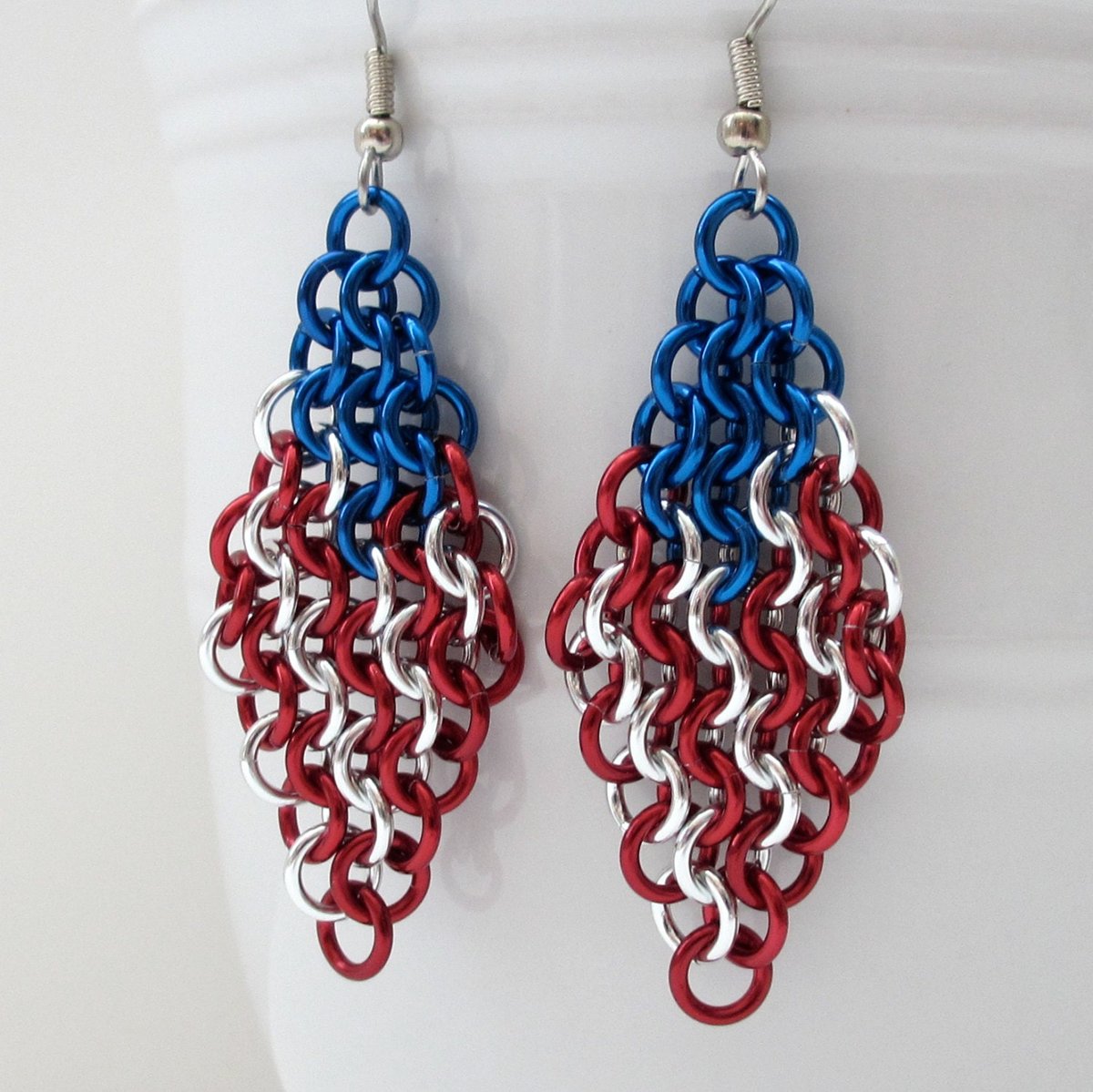 American flag earrings, chainmail European 4 in 1 weave, red white and blue earrings