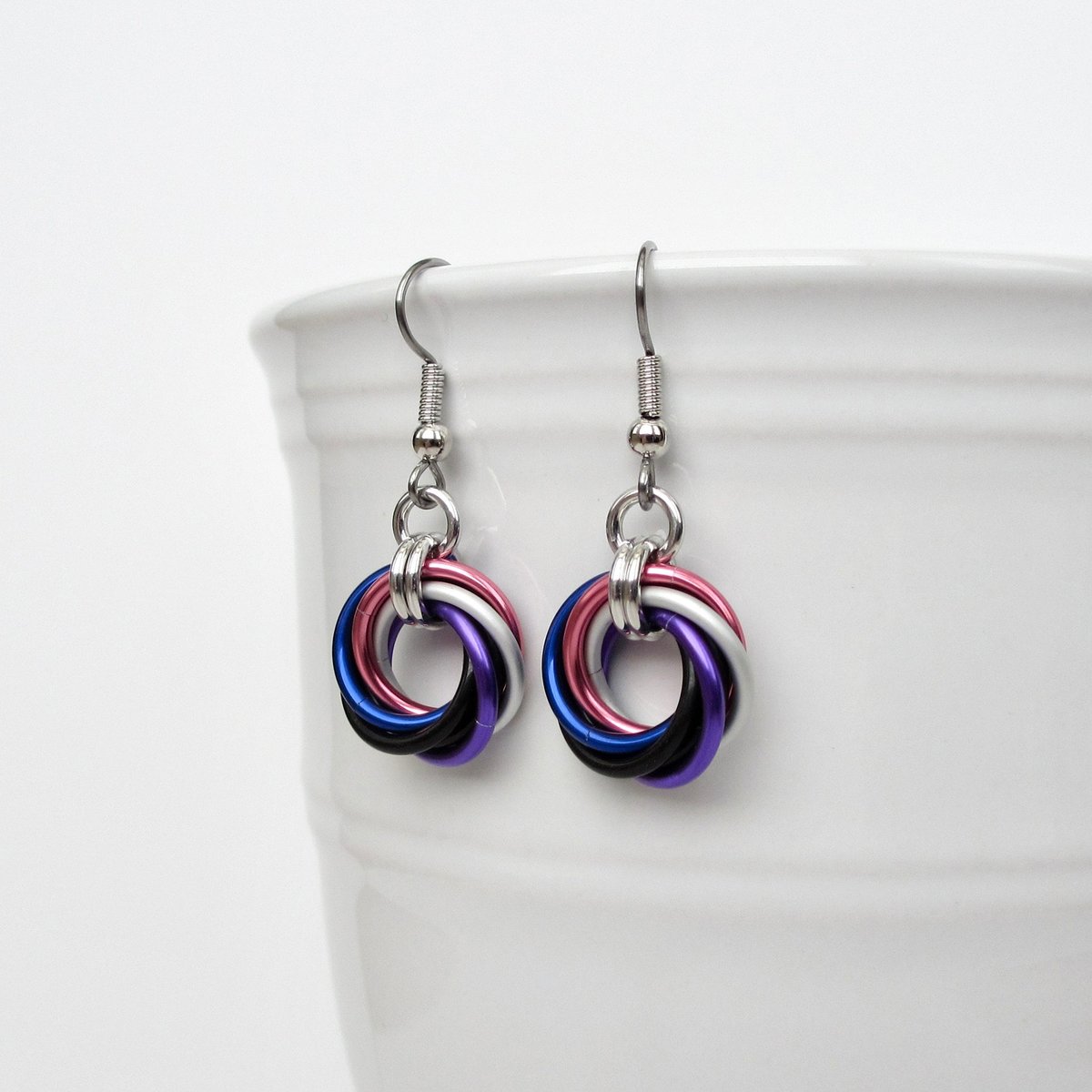 Genderfluid pride earrings, love knot chainmail jewelry; pink, white, purple, black, blue